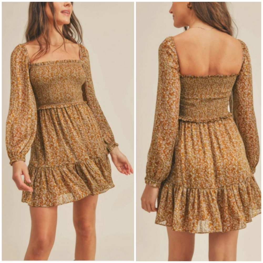 Reset By Jane Lena Babydoll Dress Gold Floral Size Large NWT